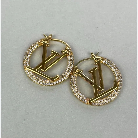 18kt Gold Plated 3cm LV Monogram Hoop Earrings - Picture 2 of 3